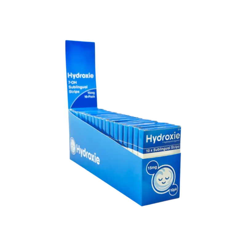 Blue retail display box containing multiple Hydroxie product packages.