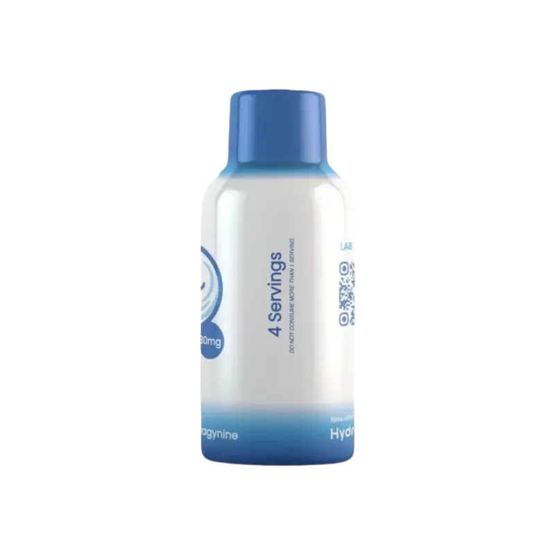 White and blue plastic bottle with ’4 Servings’ text visible.