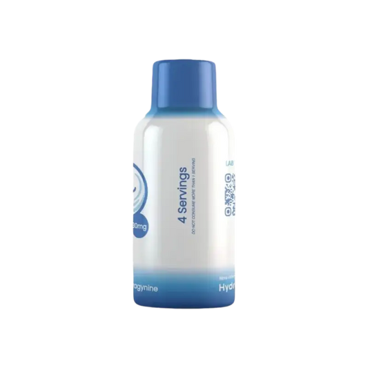 White and blue plastic bottle with ’4 Servings’ text visible.