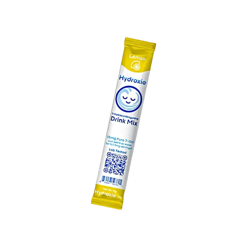 Yellow packet of Hydrolife lemon-flavored drink mix with a smiling face logo.