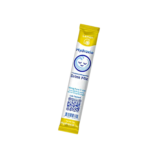 Yellow packet of Hydrolife lemon-flavored drink mix with a smiling face logo.