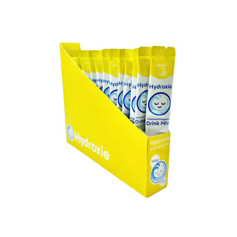 Yellow retail display box containing multiple Hydrozle drink mix packets.