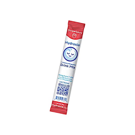 Strawberry-flavored Hydralyte drink mix packet with a smiling blue logo.