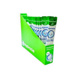 Display box containing green and white Hydrovie drink mix packets.