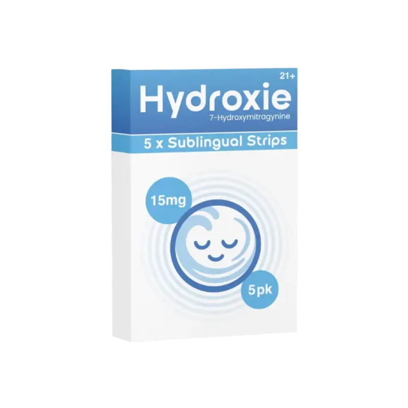 Box of Hydroxie sublingual strips containing 5 strips at 15mg strength.