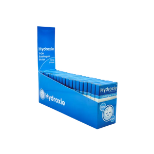 Blue retail display box containing Hydroxie products.