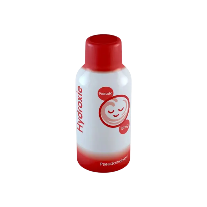 White and red plastic bottle with a smiling face logo.