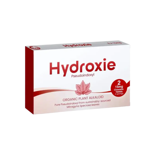 A box of Hydroxie organic plant alkaloid medication with a red lotus flower design.