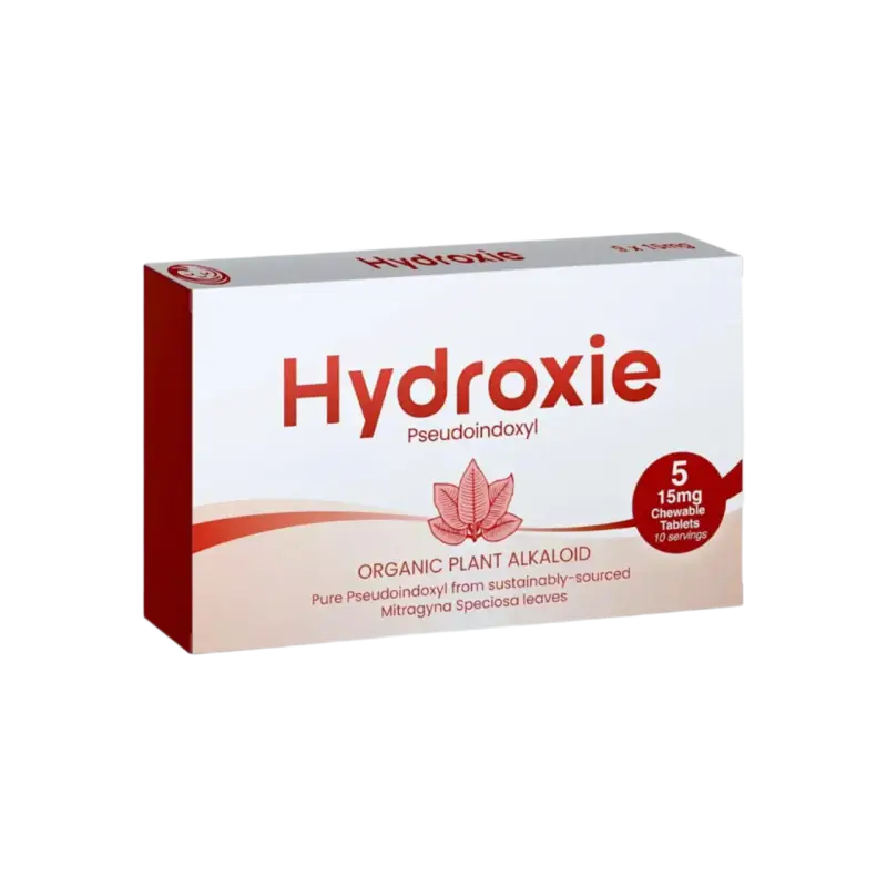 White and red pharmaceutical box labeled ’Hydroxie’ with a lotus flower design.