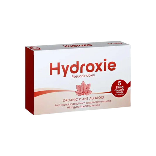 White and red pharmaceutical box labeled ’Hydroxie’ with a lotus flower design.