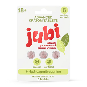 A package of Jubi brand advanced kratom tablets containing 3 tablets.