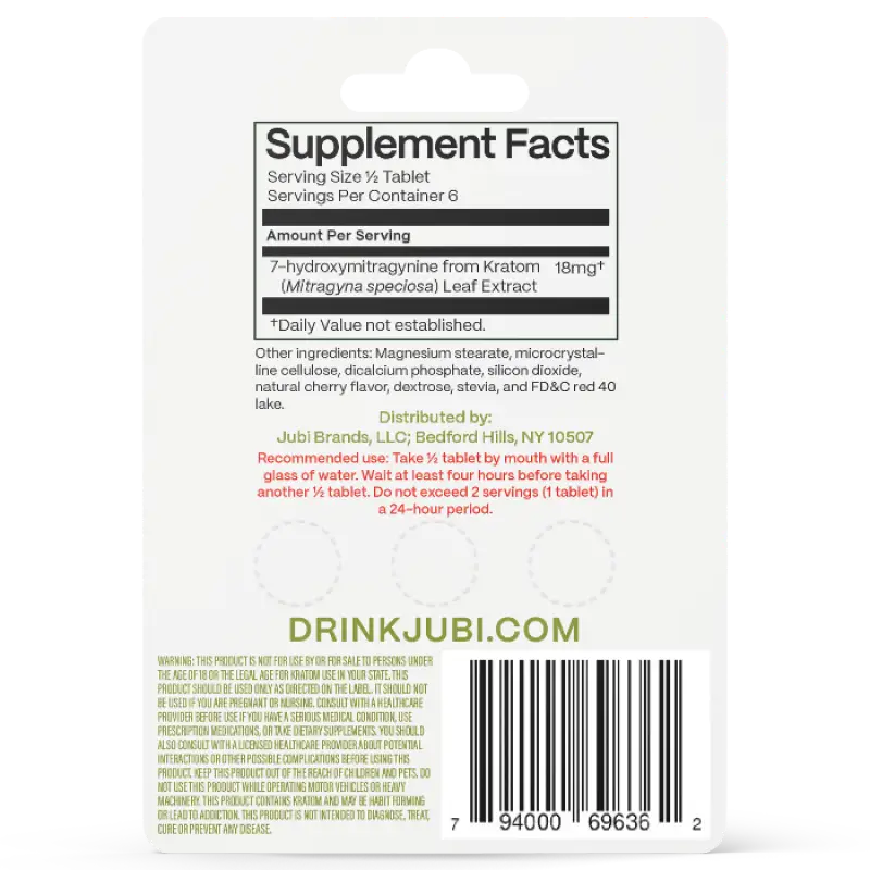 Supplement facts label and barcode for DrinkJubi.com product.