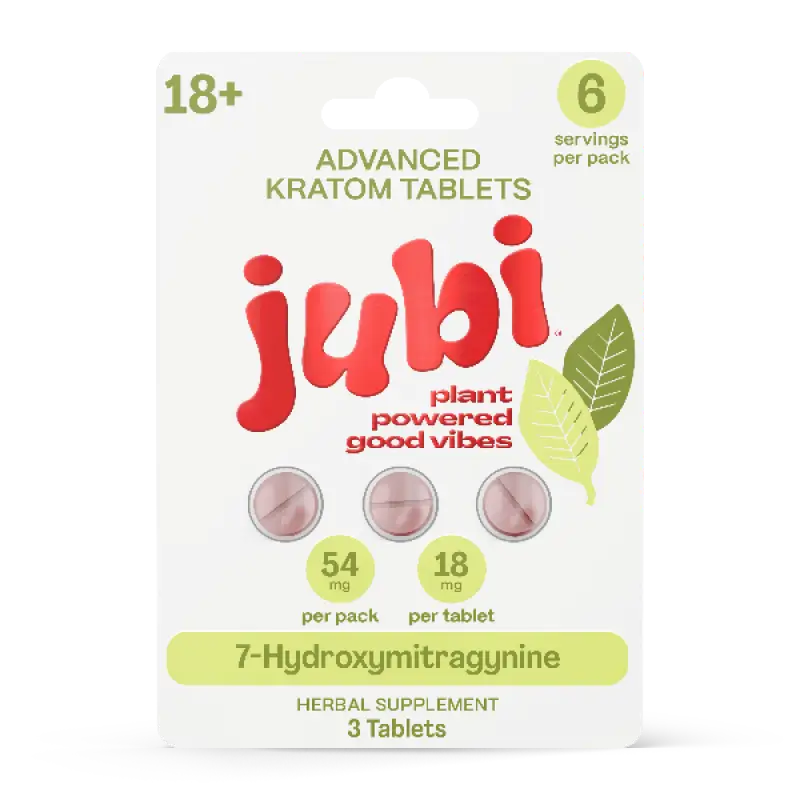 A package of Jubi brand advanced kratom tablets containing 3 tablets.