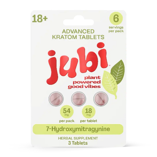 A package of Jubi brand advanced kratom tablets containing 3 tablets.