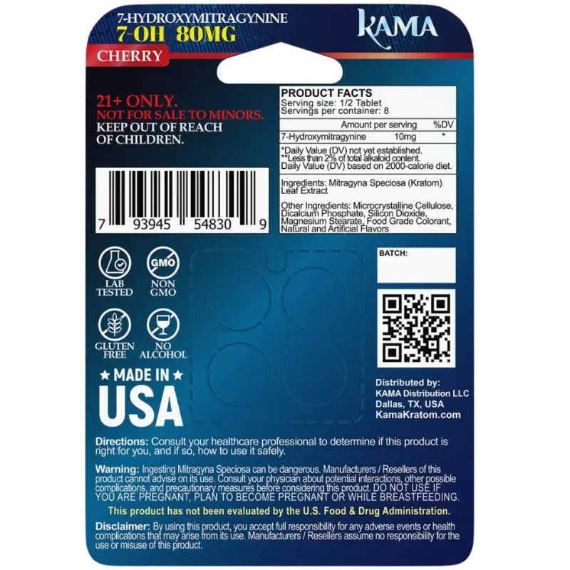 Product label for Kama brand cherry-flavored 2-hydroxymitragyonine supplement.