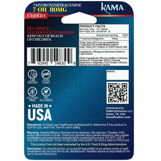 Product label for Kama brand cherry-flavored 2-hydroxymitragyonine supplement.