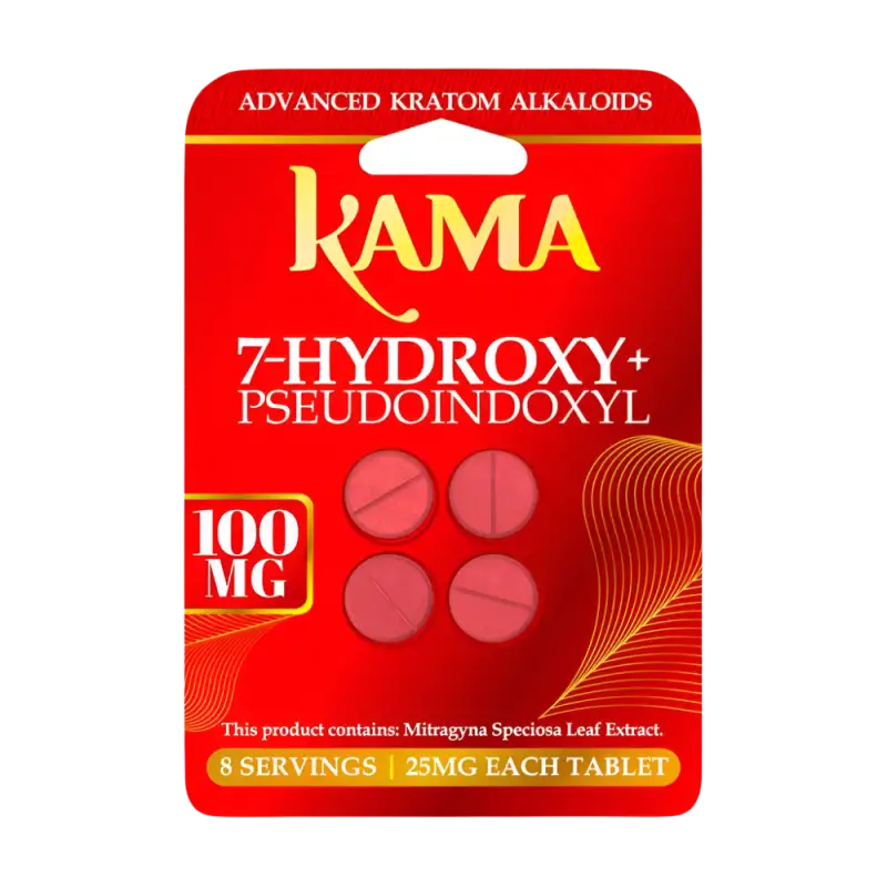 Red blister pack containing 4 tablets of Kama brand 7-hydroxy kratom alkaloids.