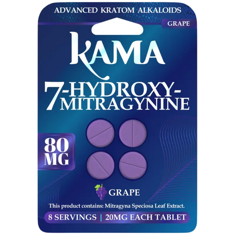 A blue blister pack containing purple tablets of Kama 7-Hydroxymitragynine kratom extract in grape flavor.