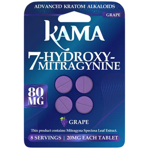 A blue blister pack containing purple tablets of Kama 7-Hydroxymitragynine kratom extract in grape flavor.