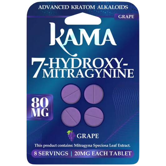 A blue blister pack containing purple tablets of Kama 7-Hydroxymitragynine kratom extract in grape flavor.