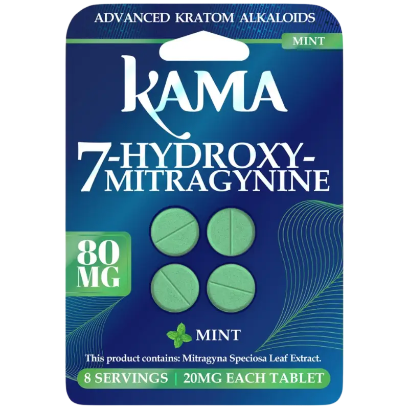 A package of mint-flavored Kama brand 7-hydroxy-mitragynine tablets containing 8 servings at 20mg each.