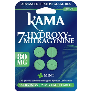 A package of mint-flavored Kama brand 7-hydroxy-mitragynine tablets containing 8 servings at 20mg each.