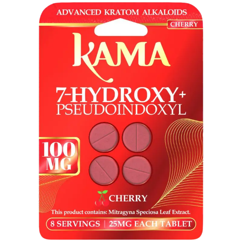 Red package of Kama brand kratom tablets in cherry flavor.