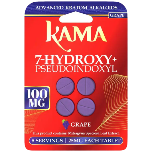 Red and purple blister pack of Kama brand kratom tablets in grape flavor.