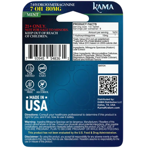 Product label for Kama mint-flavored 2-hydroxymitragonine OH bomb.