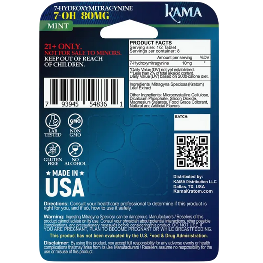 Product label for Kama mint-flavored 2-hydroxymitragonine OH bomb.