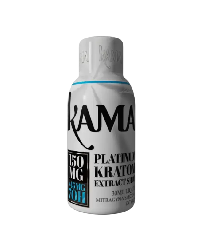 White bottle of Kama Platinum Kratom extract containing 150mg.