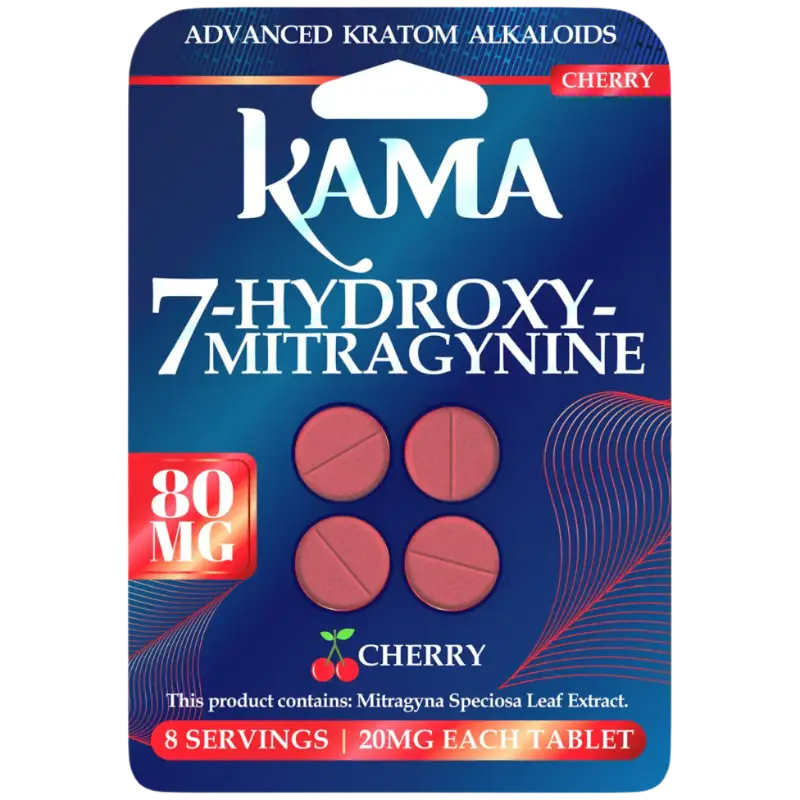 A blister pack of cherry-flavored Kama 7-hydroxymitragynine kratom tablets containing 8 servings at 20mg each.