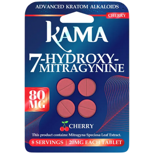 A blister pack of cherry-flavored Kama 7-hydroxymitragynine kratom tablets containing 8 servings at 20mg each.