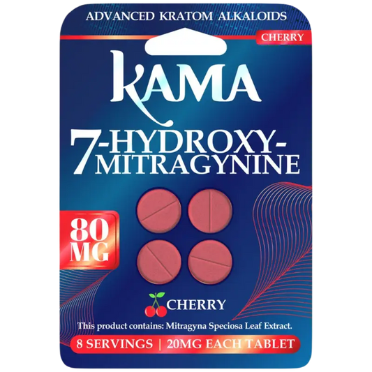 A blister pack of cherry-flavored Kama 7-hydroxymitragynine kratom tablets containing 8 servings at 20mg each.