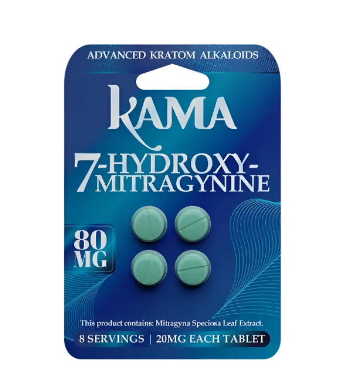 A blister pack of blue-green tablets containing 7-hydroxymitragynine kratom alkaloid supplements.