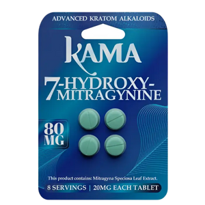 A blister pack of blue-green tablets containing 7-hydroxymitragynine kratom alkaloid supplements.