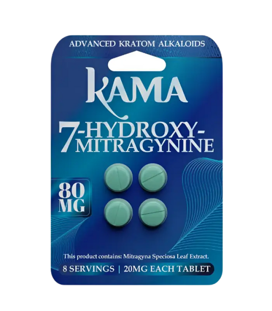 A blister pack of blue-green tablets containing 7-hydroxymitragynine kratom alkaloid supplements.