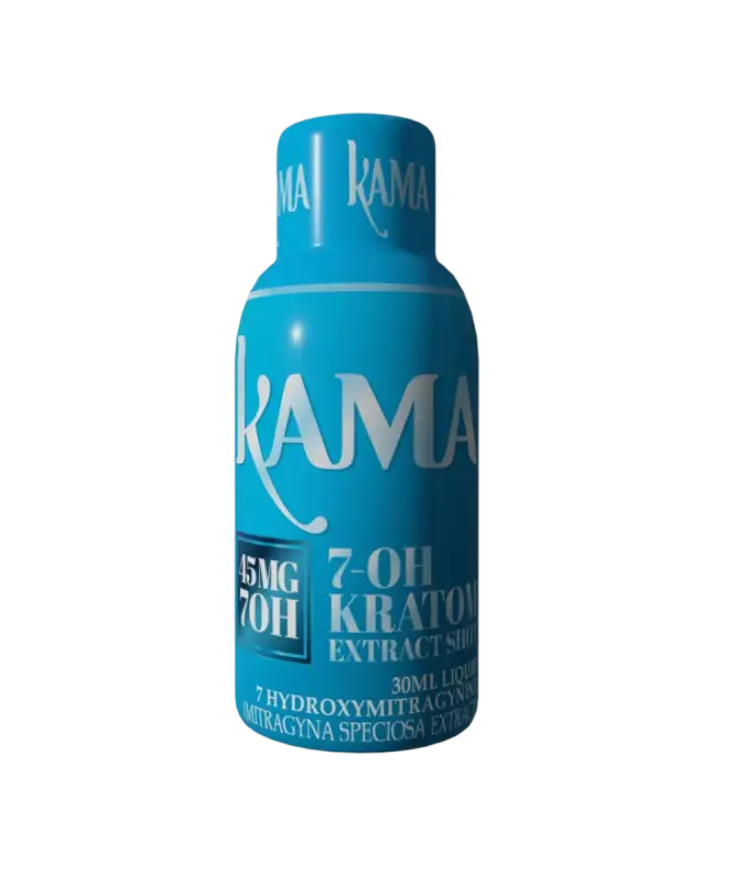 Blue bottle labeled ’KAMA’ containing kratom extract.