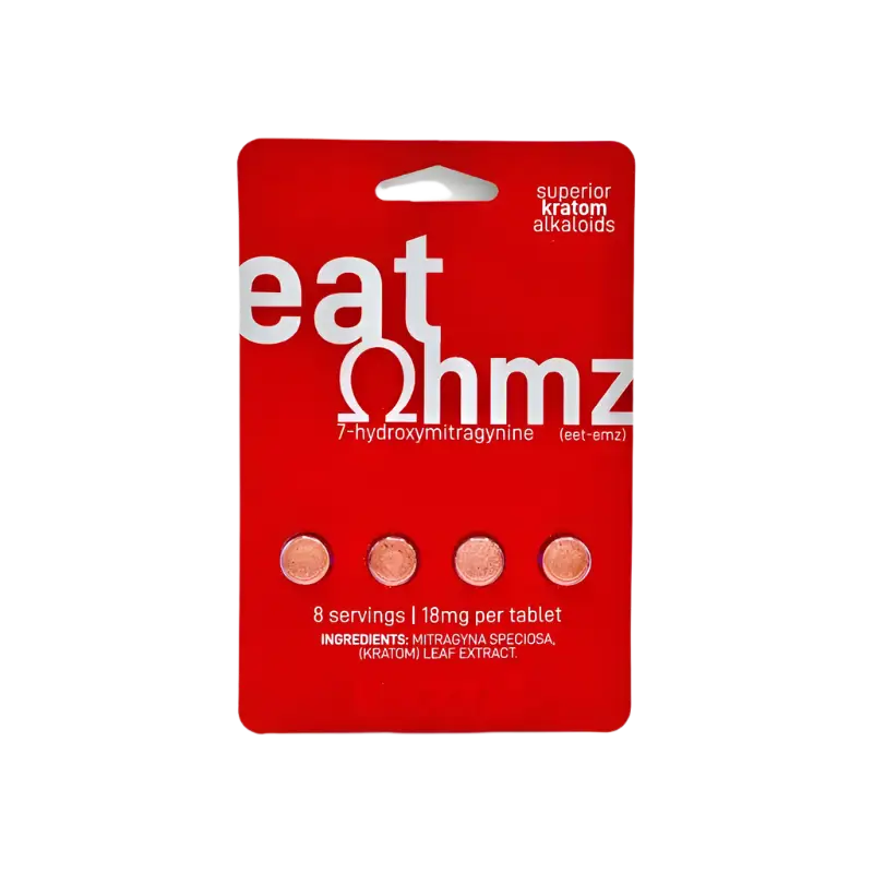 Red blister pack containing 4 round tablets labeled ’eat Ohmz’