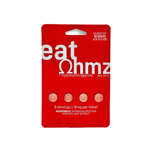 Red blister pack containing 4 round tablets labeled ’eat Ohmz’