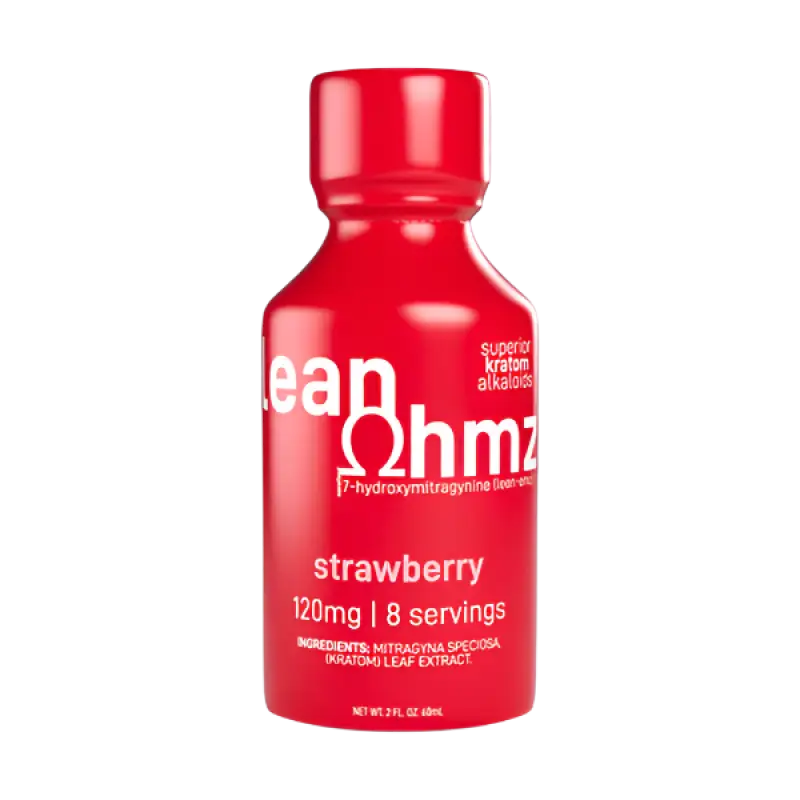 Red bottle of Lean Ohmz strawberry-flavored supplement containing 120mg and 8 servings.