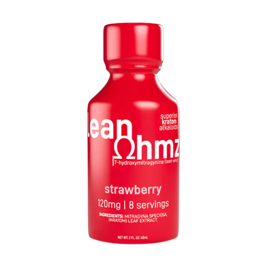 Red bottle of Lean Ohmz strawberry-flavored supplement containing 120mg and 8 servings.