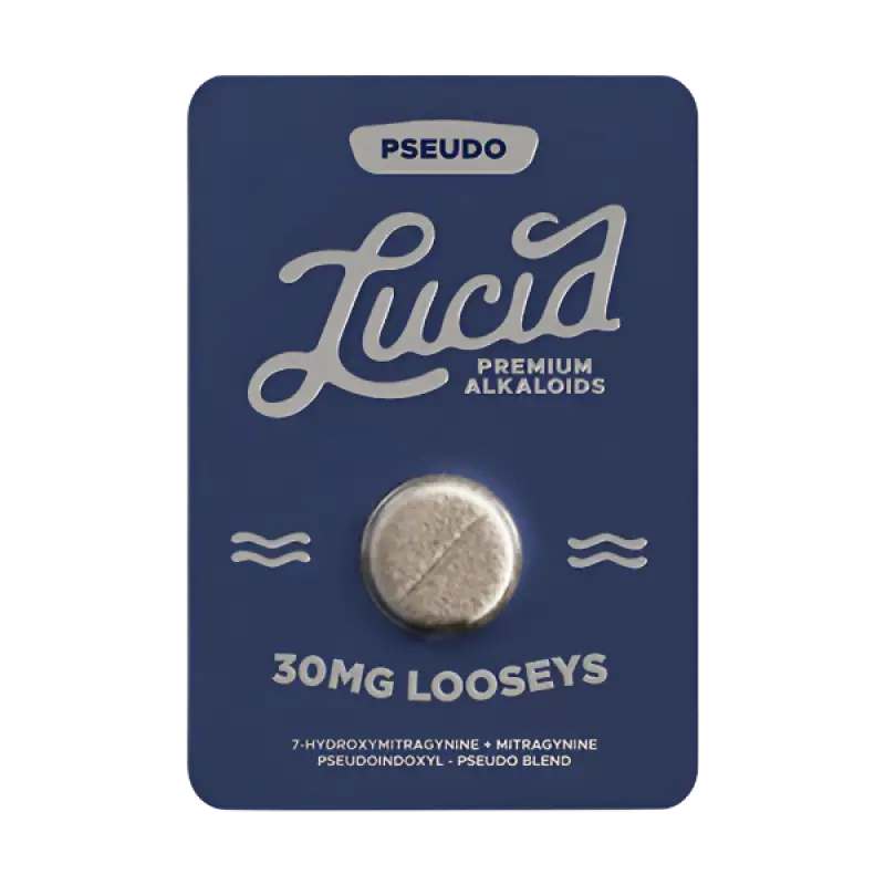 Navy blue product package labeled ’Lucid Premium Alkaloids’ with a silver pill or tablet.