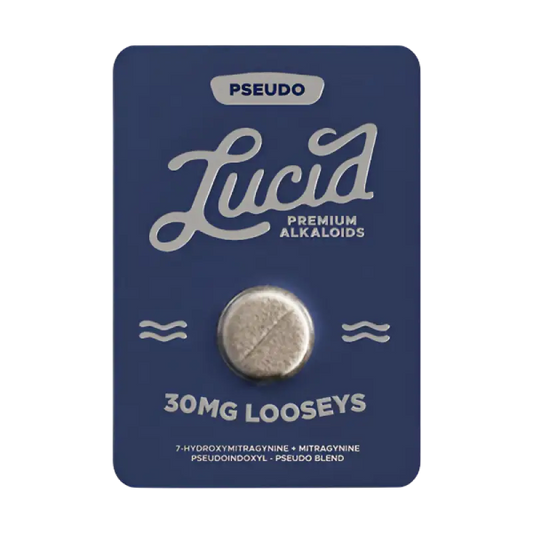 Navy blue product package labeled ’Lucid Premium Alkaloids’ with a silver pill or tablet.