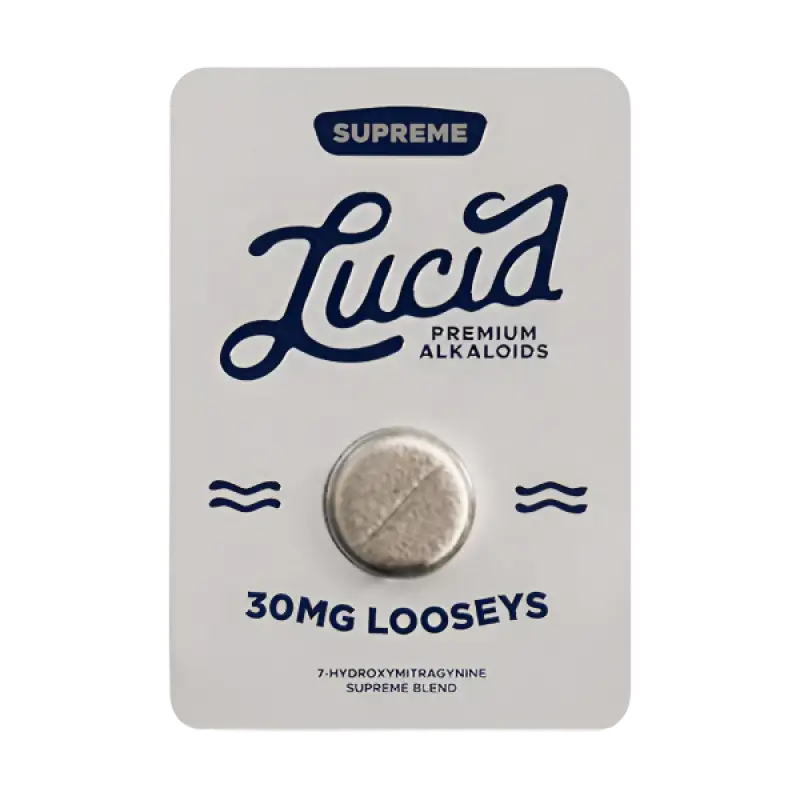 A blister pack containing a single pill labeled ’Lucid Premium Alkaloids 30mg Looseys’