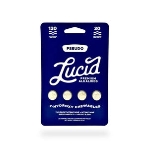 A blue package of ’Pseudo Lucid’ chewable tablets containing 4 white pills.