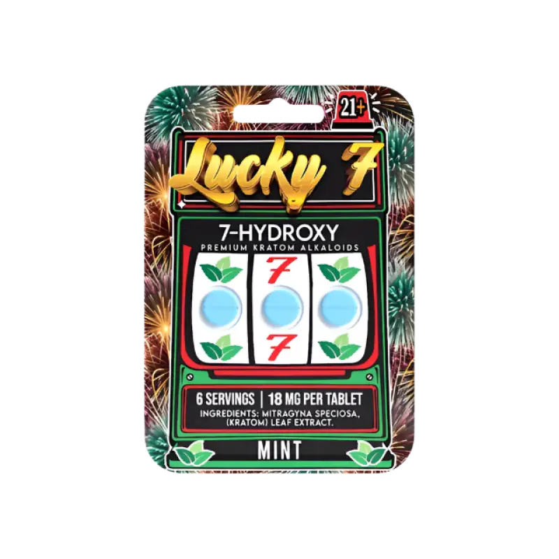 Lucky 7 Hydroxy mint-flavored tablet package designed like a slot machine display.