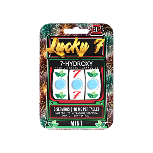 Lucky 7 Hydroxy mint-flavored tablet package designed like a slot machine display.