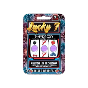 Lucky 7 brand hydroxy supplement package with a slot machine design and mixed berries flavor.