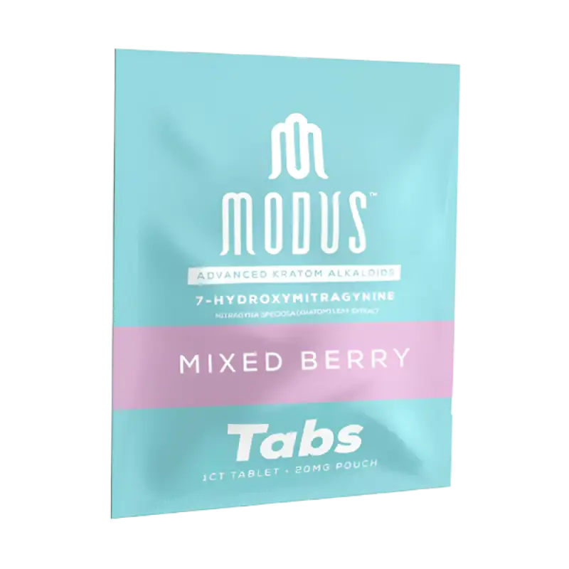 Modus Mixed Berry supplement tabs package in turquoise and pink colors.